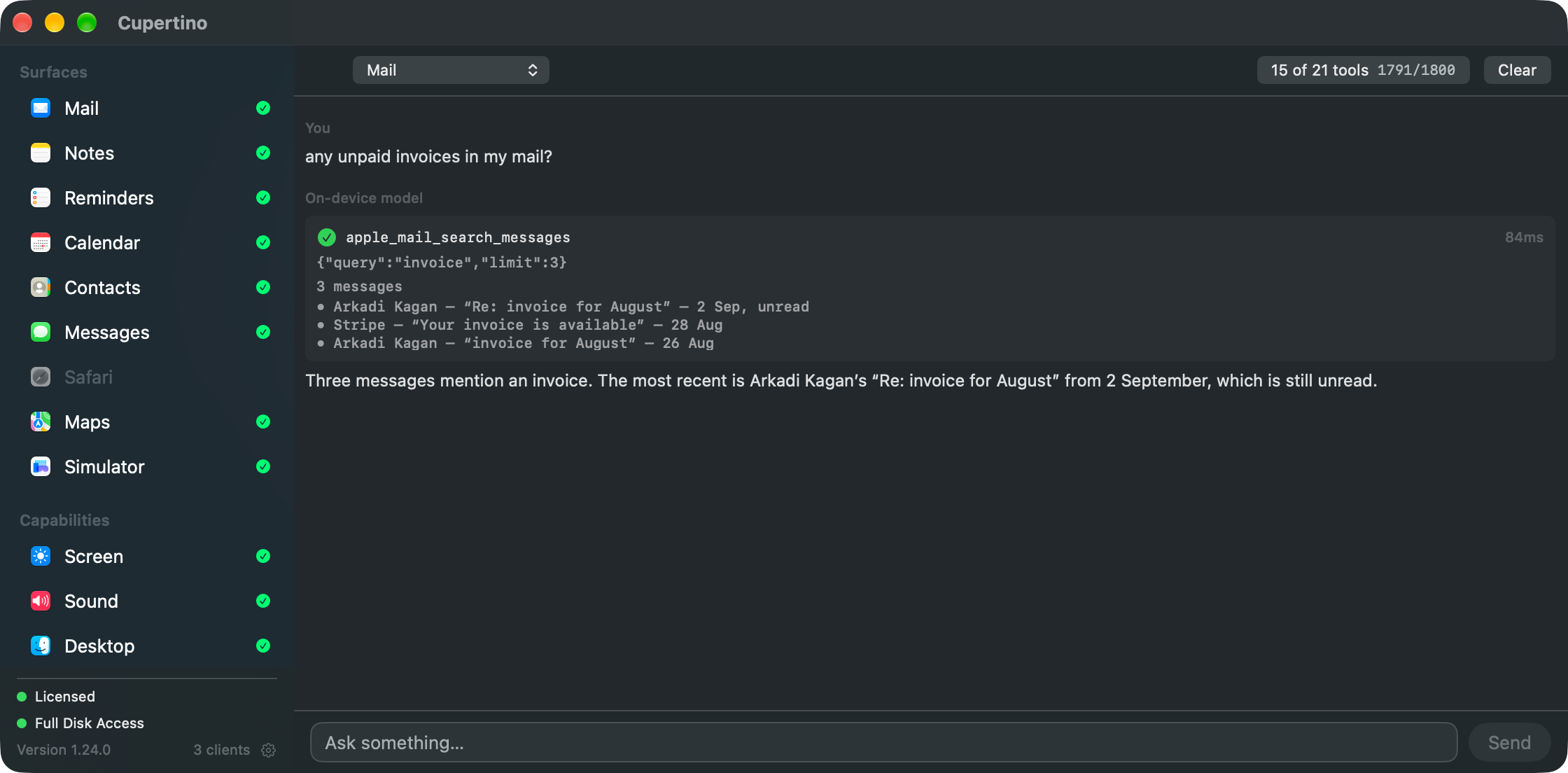 Cupertino's chat pane: Mail selected, fifteen of twenty-one tools loaded against a 1,800-token budget, one apple_mail_search_messages call showing the arguments the model chose and the three messages it returned, then a one-sentence answer.