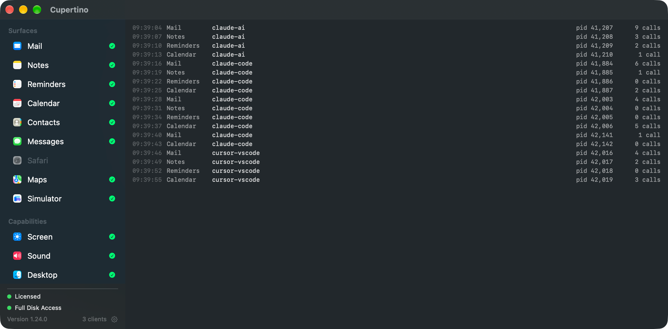 Cupertino's connections pane: eighteen live sessions from claude-ai, claude-code and cursor-vscode across mail, notes, reminders and calendar.