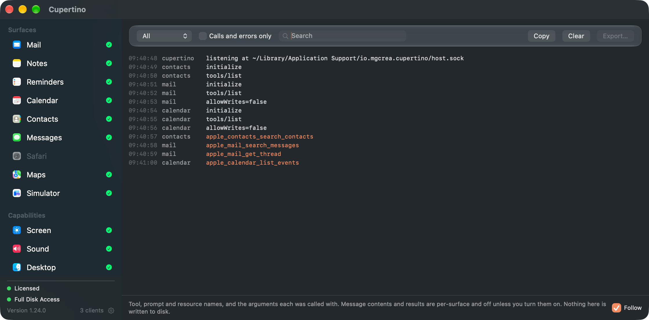 Cupertino's log showing one turn: a Contacts search, two Mail calls and a Calendar range query, all reads.