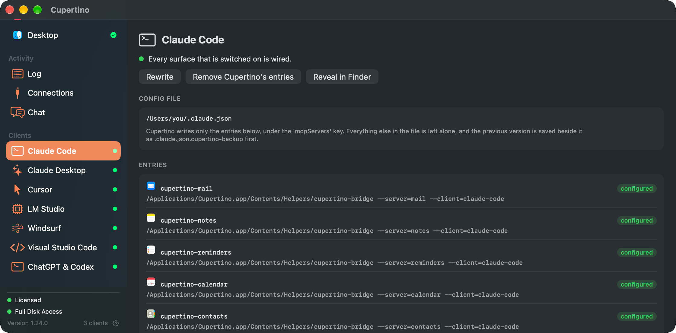 Cupertino's Claude Code pane: the path to .claude.json, and a row per surface — cupertino-mail, cupertino-notes, cupertino-reminders, cupertino-calendar, cupertino-contacts — each naming the bridge command it writes and badged as configured, with every installed client listed in the sidebar beside it.
