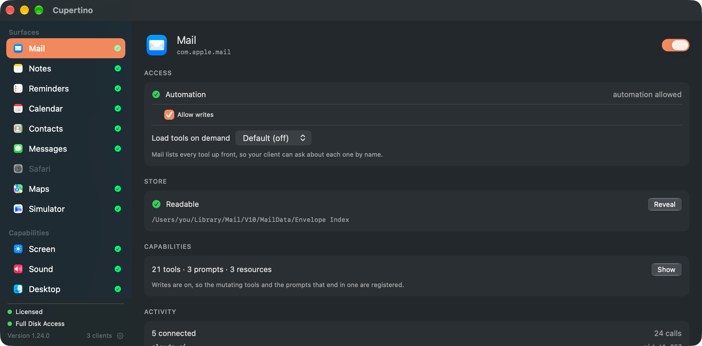 Cupertino's Mail pane: automation allowed, the Envelope Index readable, writes enabled, 20 tools · 3 prompts · 3 resources, and five connected clients.