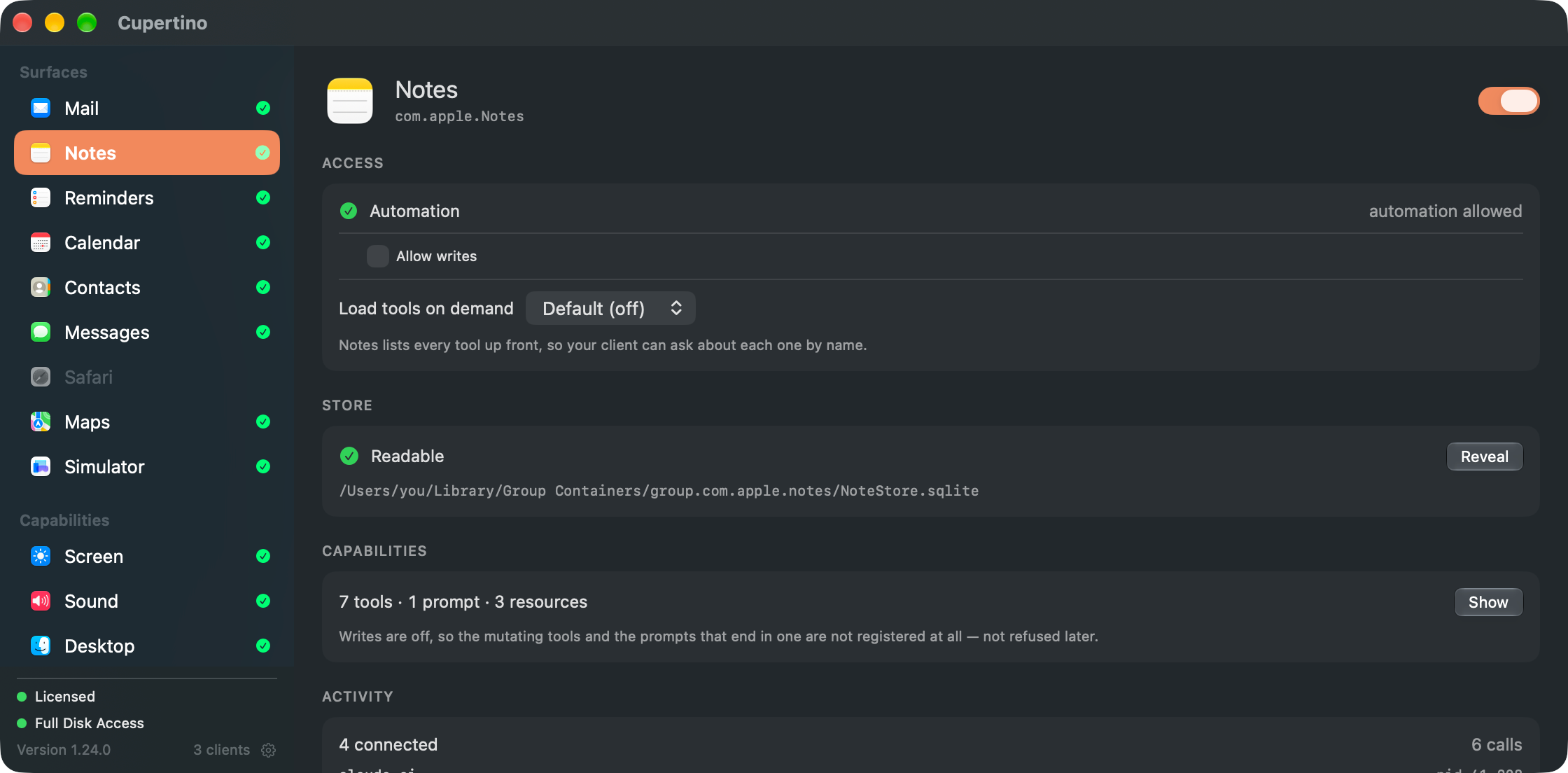Cupertino's Notes pane with Allow writes unchecked, its capabilities card reading seven tools, one prompt and three resources, and Safari dimmed in the sidebar as a switched-off surface.
